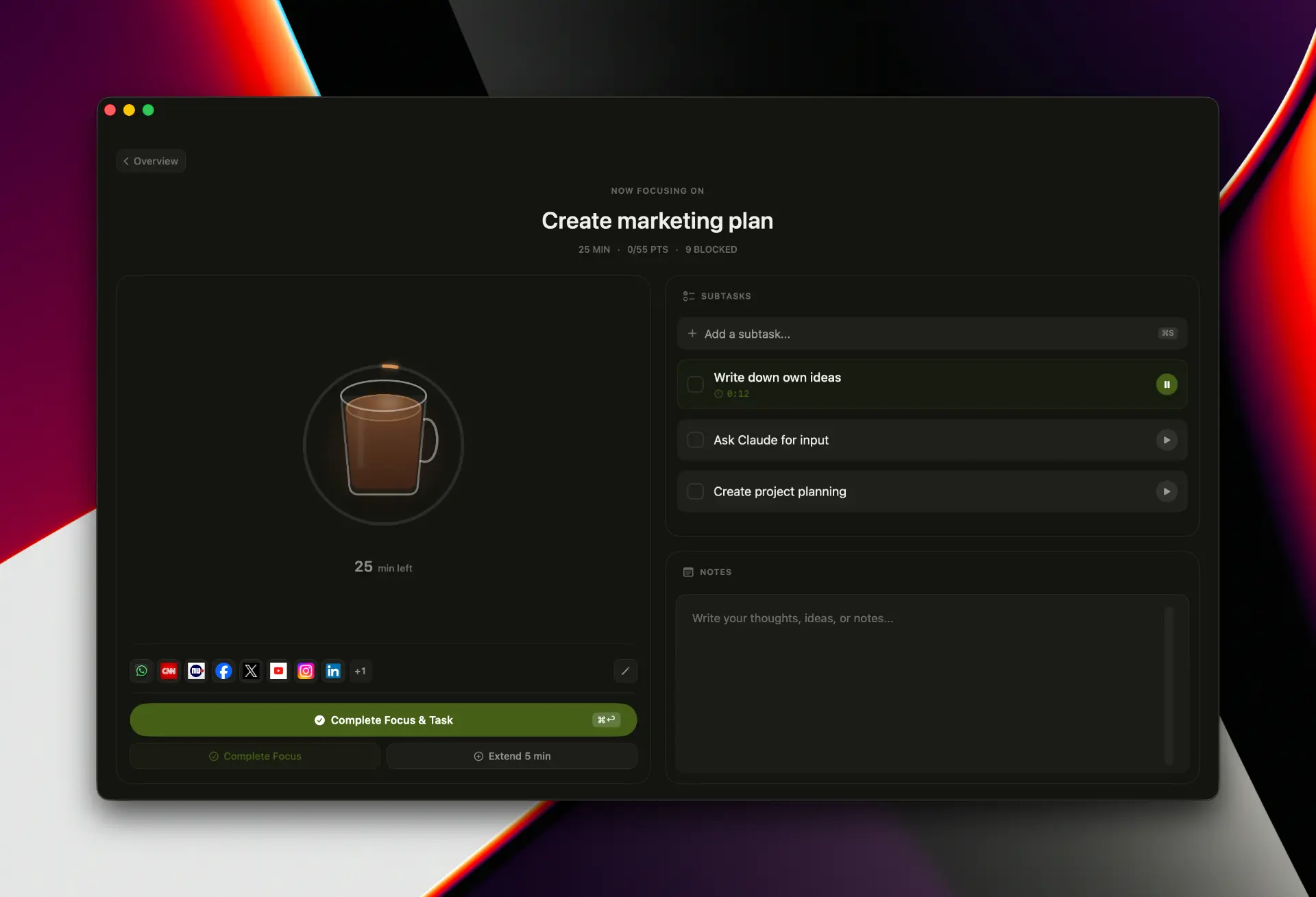 Intentional deep work view with a countdown timer, subtask checklist and notes panel
