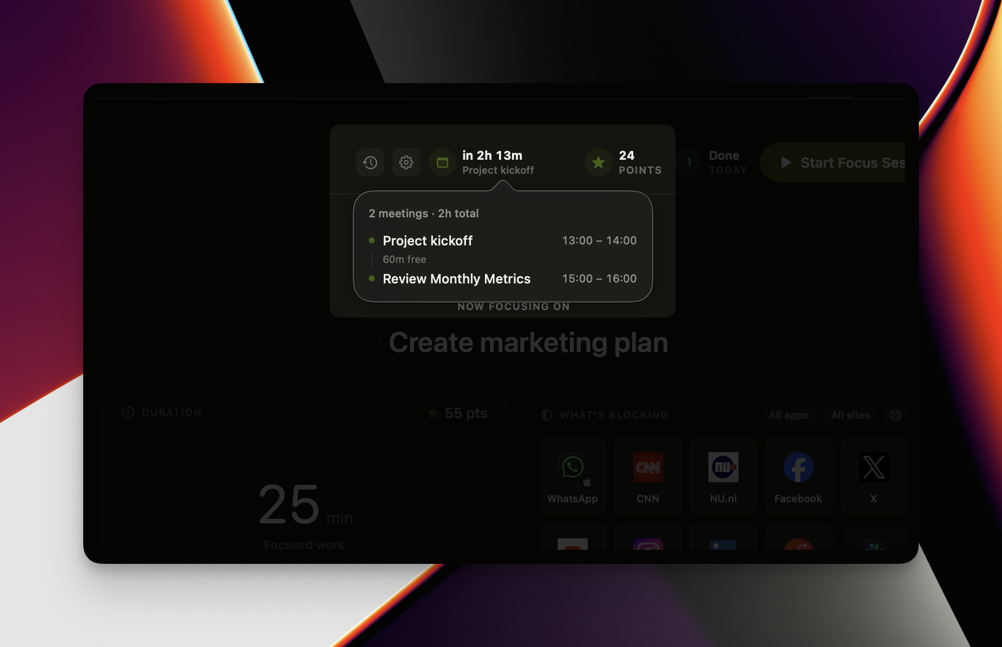 Intentional popover showing today's meetings and the free focus time between them